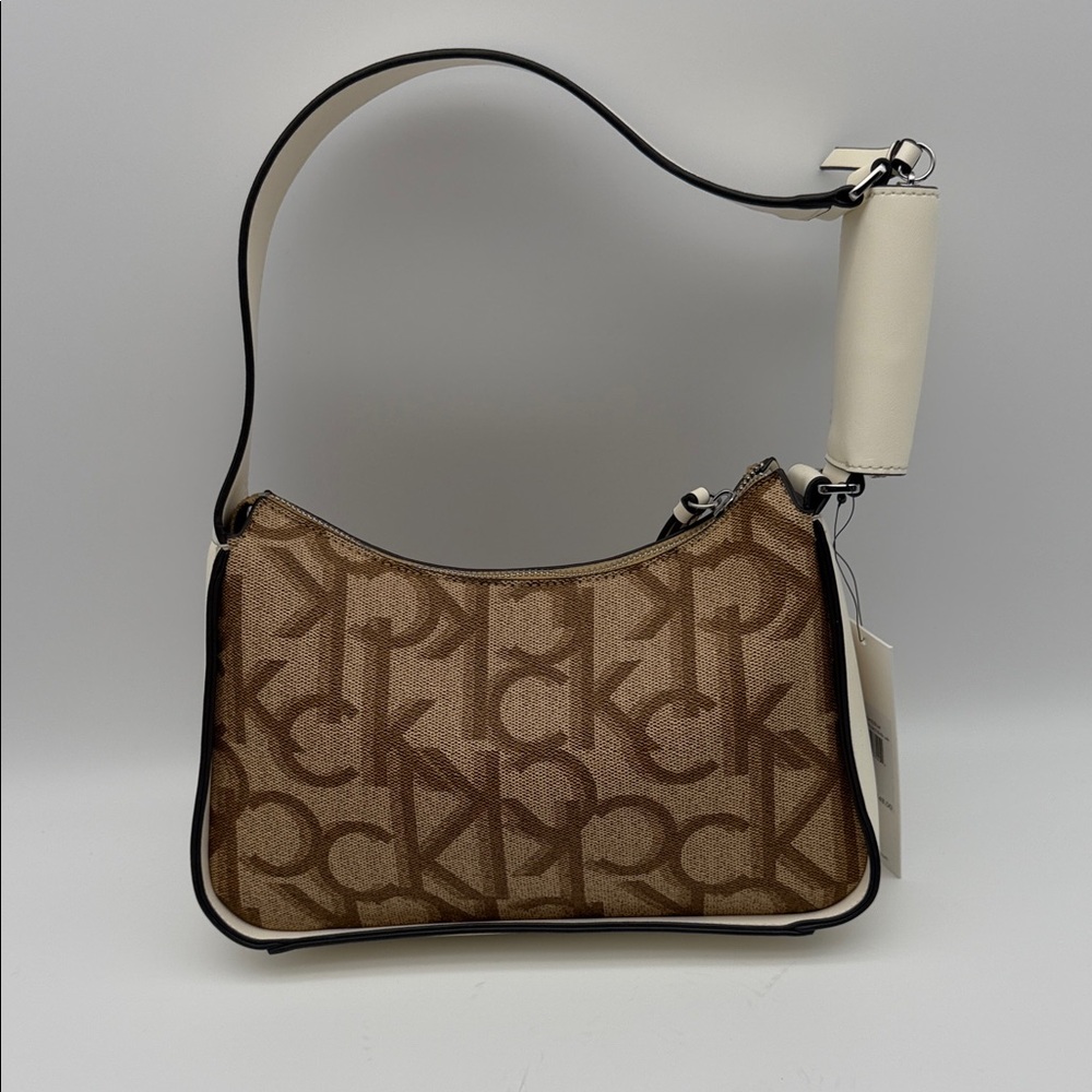 Calvin Klein Brown Logo-Print Shoulder‎ Bag with White Strap